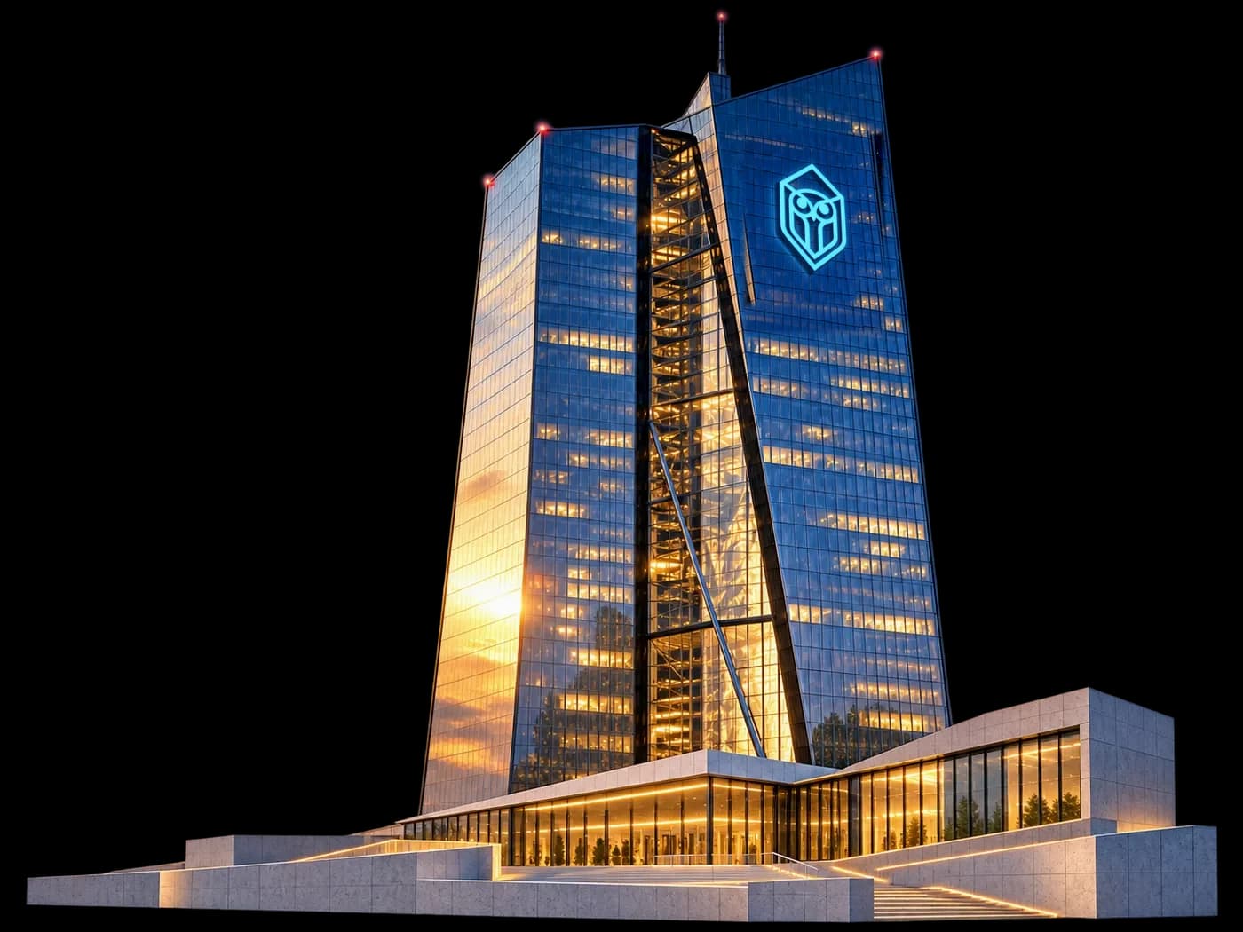 Glasturm mit leuchtendem Verto-Logo im Abendlicht